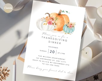 Invitación a la cena de Acción de Gracias con calabazas, invitación a la fiesta de amigos, fiesta navideña, plantilla CANVA editable, descarga instantánea