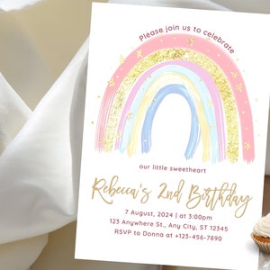 Convite de aniversário arco-íris, modelo editável e personalizado de qualquer idade, convite para crianças em aquarela, modelo de convite para meninas, DOWNLOAD instantâneo 5x7