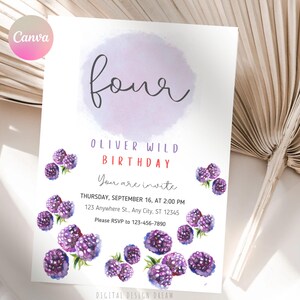 Brombeeren VIER Geburtstagseinladung bearbeitbare und personalisierte Vorlage, Jedes Alter Kinder einladen, sofortiger DOWNLOAD 5x7