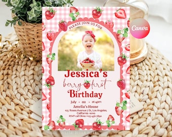 Berry First Birthday Photo Invitation, Red Strawberry Girl 1st Bday Arch Party Canva Template