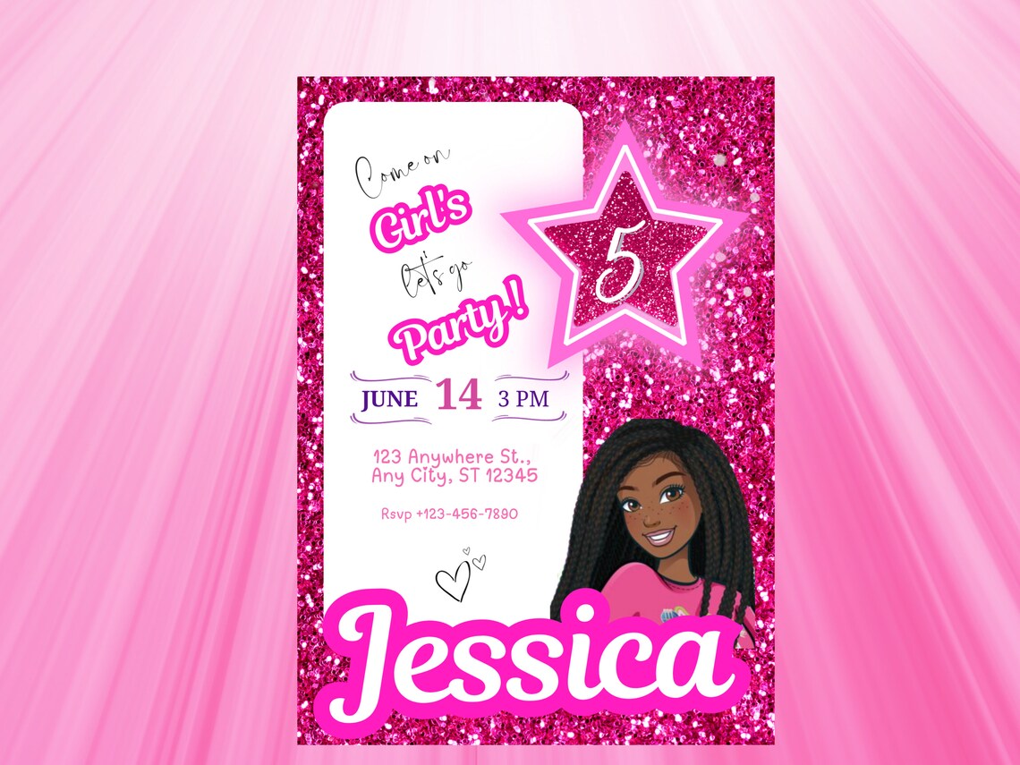 Black African American Girl Pink Digital Birthday Invitation Template ...