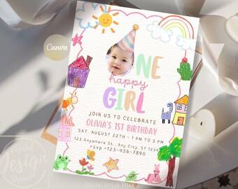 One Happy Girl First Birthday Invitation, 1st Bday Photo Invite, Canva Template