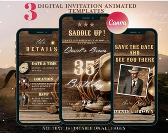 ANY AGE Digital Cowboy Animated Birthday Party Video, Western Photo Template, Man 35th Bday Saddle Up