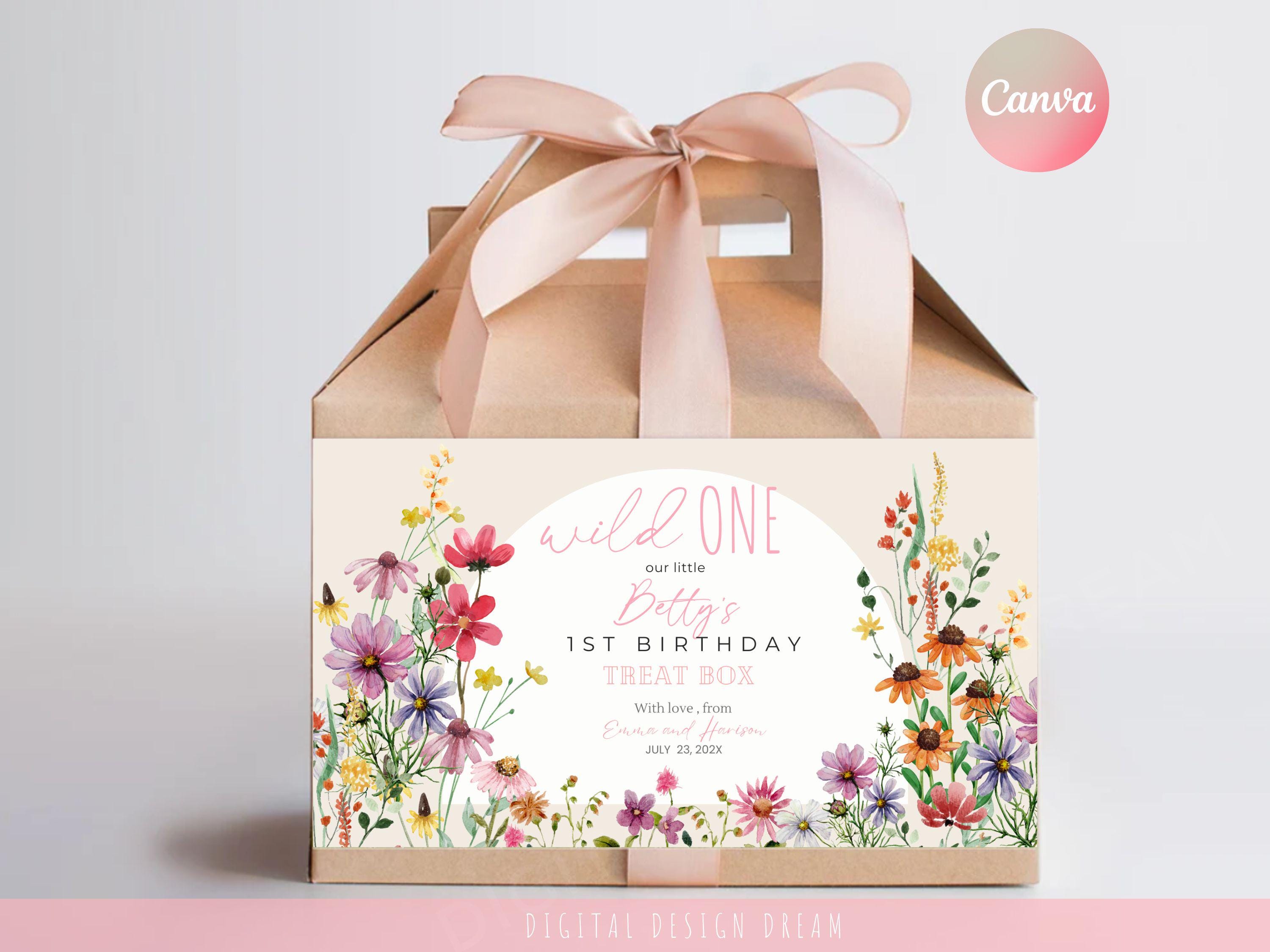 Wildflower Arch 1st Birthday Box Label, Field Flower Bday Treat Box Label, Printable Girl Floral Gift Box, Rustic Favour, Instant DOWNLOAD