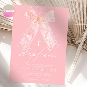 Faire-part de baptême avec noeud en dentelle rose, modèle de noeud de coquette bébé fille, carte modifiable de baptême ou de première communion, téléchargement immédiat sur toile