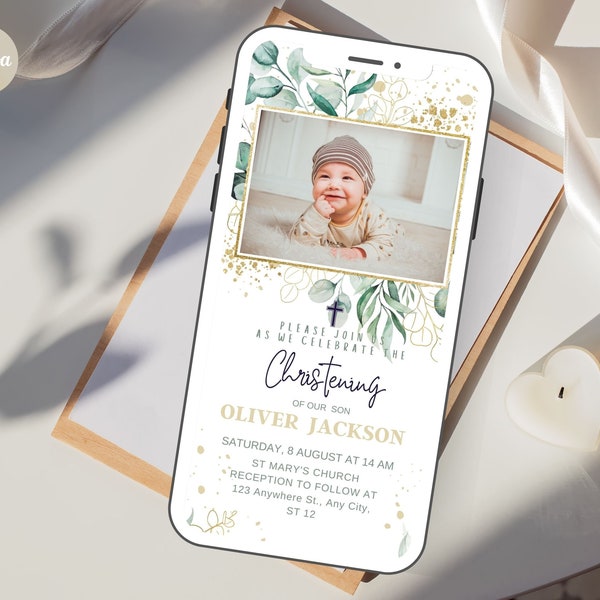 Electronic Baptism Invitation Template, Greenery Baby Boy or Girl Christening Editable Baptism Evite, Baptism Photo Invitation, Download