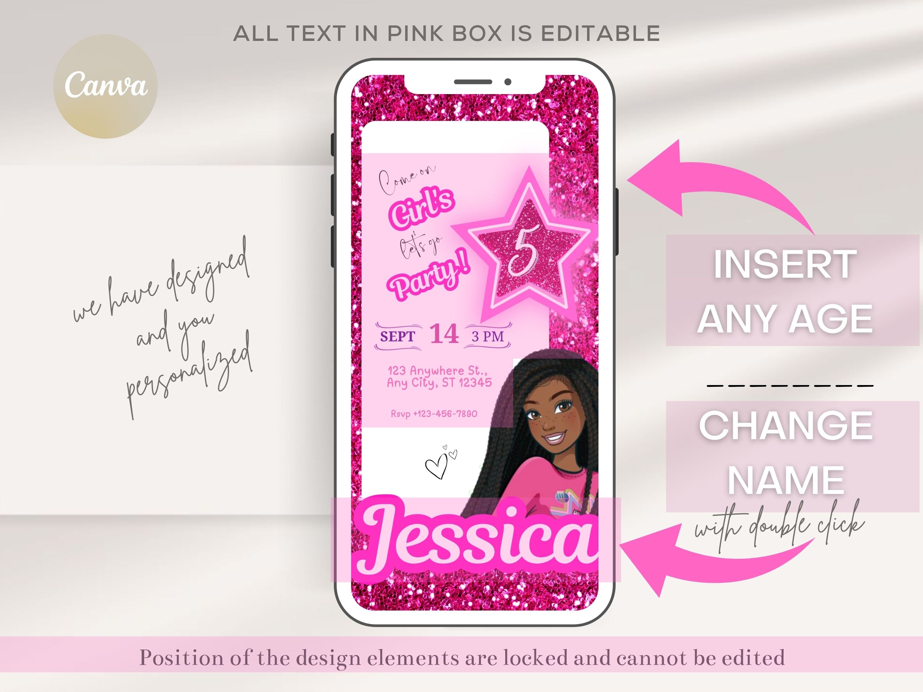 Black Girl Curly Hair Pink Birthday Girl Sparkle Invitation Template ...