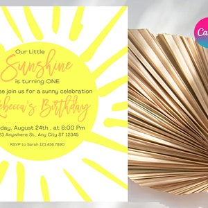 Convite de aniversário editável First Sun para qualquer idade, modelo para impressão de aniversário de menina ou menino You Are My Sunshine, convite para crianças, download digital
