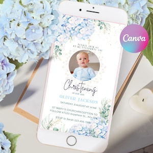 Invito battesimo bambino ortensie blu eucalipto, modello invito foto modificabile, invito battesimo bambino digitale telefono, download