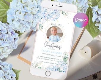 Boy Blue Hydrangeas Eucalyptus Christening Invitation, Editable Photo Invitation Template, Digital Phone Baby Boy Baptism Evite, Download