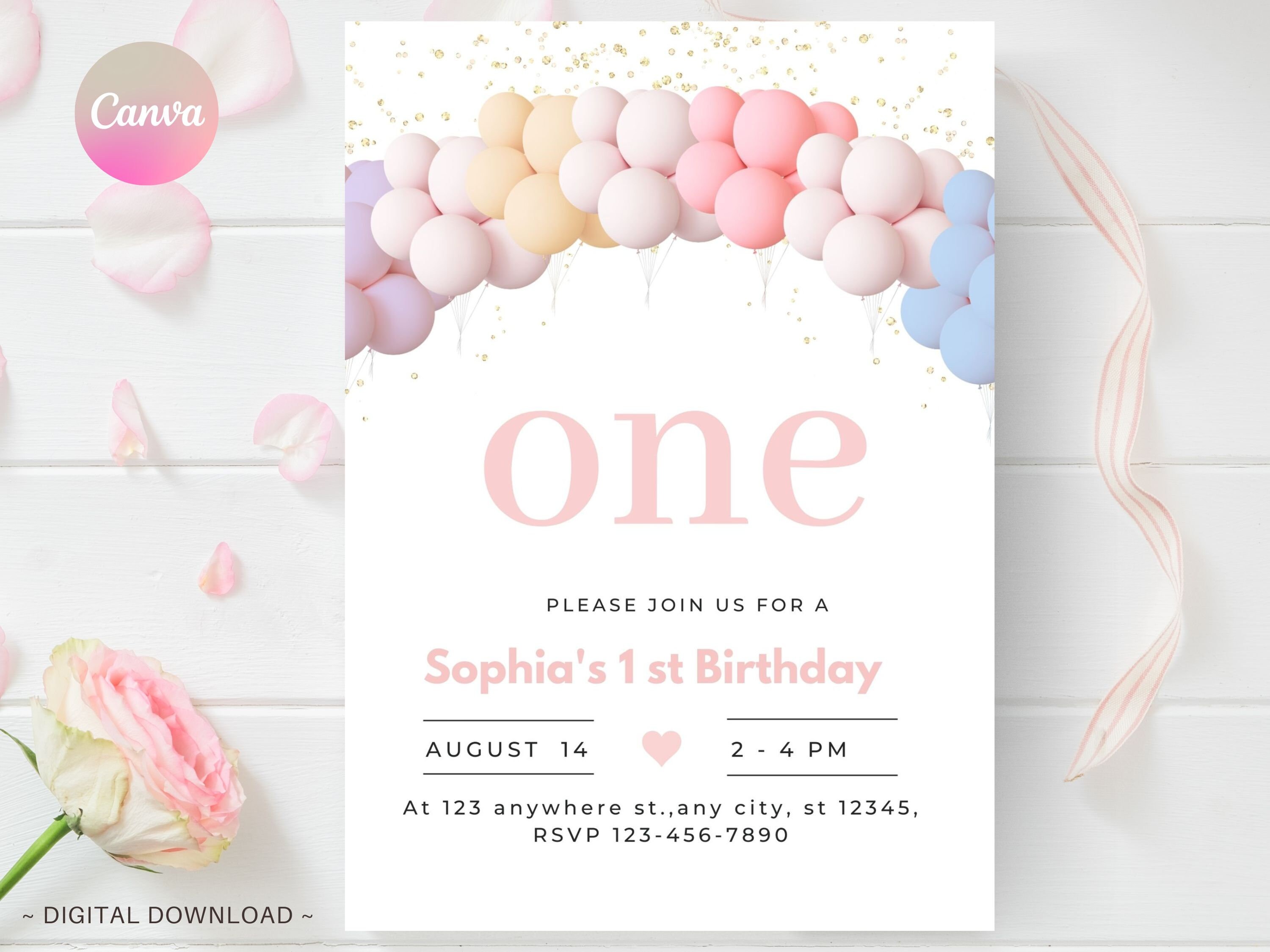 Rainbow Balloons First Birthday Invitation Editable & Personalized Template, Kids invite, Girls Invitation template, instant DOWNLOAD 5x7