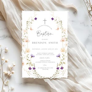 Invitación de bautizo con flores silvestres para cualquier género, invitación imprimible con flores naturales para niño o niña, tarjeta de primera comunión, descarga instantánea