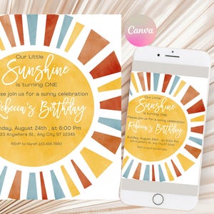 Modèle d'Invitation dim. 1er anniversaire, invitation de texte pour la fête du premier anniversaire Boho, carte imprimable de fête d'anniversaire tout âge été, téléchargement immédiat