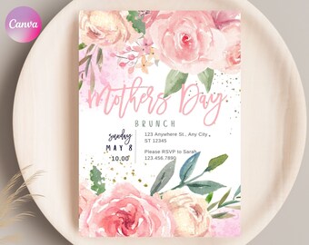 Pink roses MOTHERS DAY brunch Invitation, Watercolor card Template, Simple happy Mothers Day Card, Instant DOWNLOAD