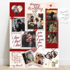 Peut inclure: Un collage photo personnalisé sur le thème rouge et blanc. Il présente plusieurs photos de couples, d'animaux de compagnie et le texte "Happy Birthday R", "I love you" et "you won my heart". Comprend une photo en forme de cœur et un pendentif.