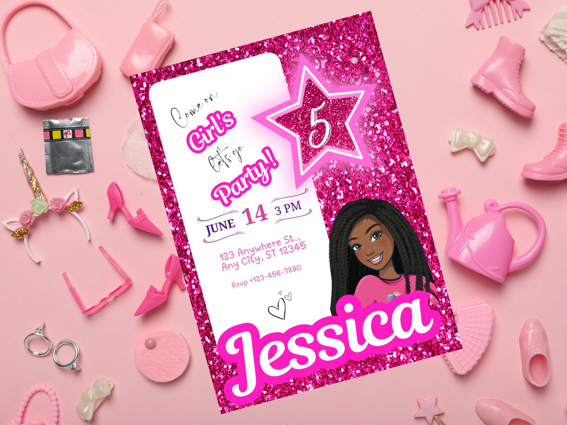 Black African American Girl Pink Digital Birthday Invitation Template ...