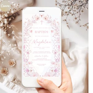 Modelo de convite de batismo floral vintage, convite rosa empoeirado de flores silvestres, floral para impressão em qualquer idade, batizado vitoriano, download instantâneo
