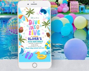 Dive into Five Birthday Invitation, Boy Summer Beach Pool Party (Digital Download)