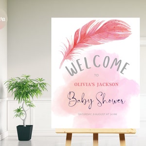 Bearbeitbares Rosa Feder-Babyparty-Willkommensschild, elegantes Mädchen Frau Rosa Willkommensschild personalisiert, Instant Download 4sizes