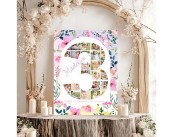 Floral Arch Birthday Number 3 Photo Collage, Arch Milestone Board Canva Template.
