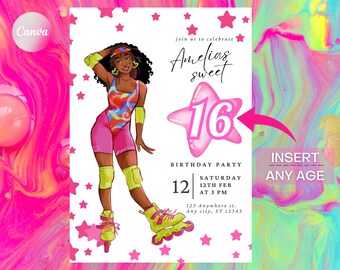 African American Neon Skate Costume Curly Hair Digital Birthday Invitation Template,  Girl Birthday Any Age Editable Invite, Edit in Canva