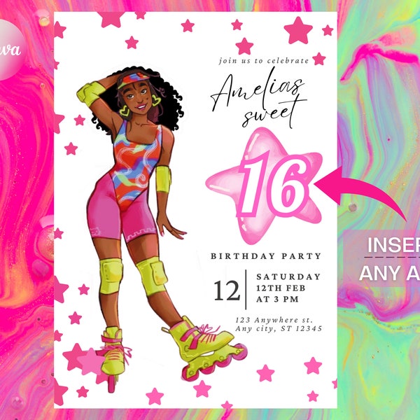 African American Neon Skate Costume Curly Hair Digital Birthday Invitation Template,  Girl Birthday Any Age Editable Invite, Edit in Canva