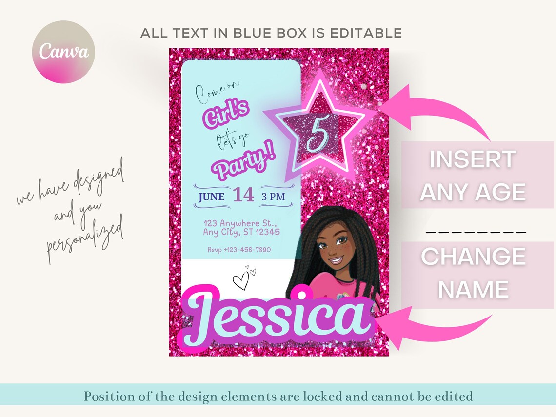Black African American Girl Pink Digital Birthday Invitation Template ...