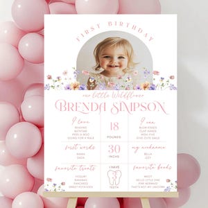 Póster de primer cumpleaños con arco fotográfico de flores silvestres, letrero floral editable para el primer cumpleaños, plantilla imprimible de estadísticas de niña rosa, Canva