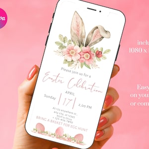 May include: A digital invitation for an Easter celebration featuring a bunny ear and floral design. The invitation includes the date, time, and location of the event. It also says "Bring a basket for egg hunt".
