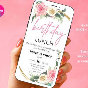 Modelo de convite digital de aniversário de rosas, convite editável para flores em aquarela, convite para jardim com texto botânico por telefone, download instantâneo