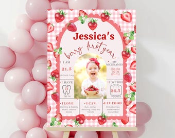 Berry First Year Birthday Arch Milestone Poster Sign, Editable Strawberry 1st Birthday Milestone Board Sign, Printable Photo Template, Canva