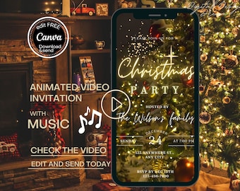 May include: A digital Christmas party invitation displayed on a smartphone. The invitation features the text "Christmas Party" in a glowing font, with details including the date, time, and host's name. Additional text promotes the animated video invitation with music.