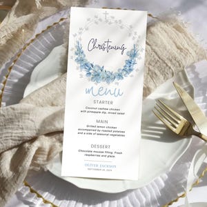 Menú de bautizo con magnolias azules, menú imprimible para recuerdo de bautizo con flores, menú de comunión para niño azul, etiqueta para cualquier evento, descarga instantánea