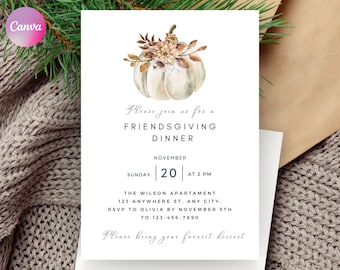 Plantilla de invitación de Acción de Gracias de calabaza blanca, plantilla CANVA editable de acción de amigos, cena de Acción de Gracias invitar a amigos, descarga digital