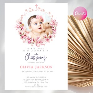 Invitación de bautizo con flores rosas, tarjeta imprimible con invitación minimalista para bautizo de niña, descarga instantánea