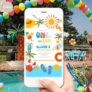 Digital One In The Sun Invitation for boys, Baby Boy Beach 1st Birthday Template, First Summer Evite, Electronic Phone Pool Evite, Download