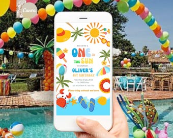 Digital One In The Sun Invitation for boys, Baby Boy Beach 1st Birthday Template, First Summer Evite, Electronic Phone Pool Evite, Download
