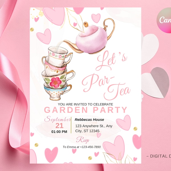 Pink Teacup Garden Tea Party Invitation "Let's Par-Tea" Template with Hearts, Printable and Editable Garden Party Invite, Instant Download