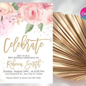 Rosas rosas cumpleaños CELEBRAR invitación, plantilla de tarjeta de acuarela, tarjeta de día de cumpleaños simple para niña y mujer, DESCARGA instantánea