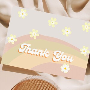 Retro Daisy Gracias tarjeta CANVA digital, Plantilla arco iris editable, DESCARGA digital