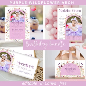 Bundle anniversaire arche de fleurs sauvages VIOLET, 1er anniversaire de bébé fille ensemble de photos, accessoires floraux pour la fête d'anniversaire, modèle de décorations, téléchargement immédiat