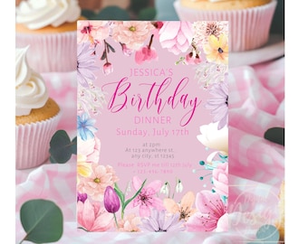Floral Colorful Birthday Invitation, Editable Spring Summer Flower Canva Template