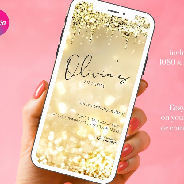 Gold sparkle Mobile Birthday Invitation Girl Digital Electronic Phone Text Invite Editable Template