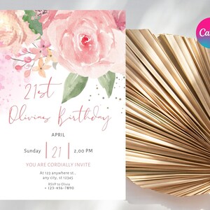 Invitación al brunch de CUMPLEAÑOS con rosas rosadas, Plantilla de tarjeta de acuarela, Invitación simple de feliz cumpleaños, DESCARGA instantánea