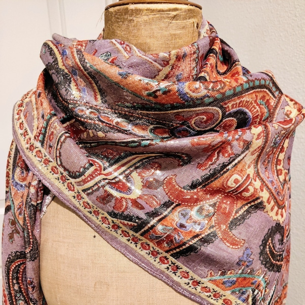 Écharpe Authentique Oscar De La Renta - 100% Soie - Motif Floral - Occasion Bon état