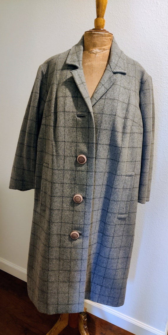 Grey Plaid Wool Coat - 1950s 1960s - image 2