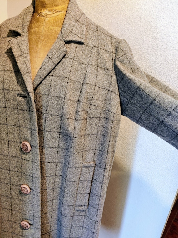 Grey Plaid Wool Coat - 1950s 1960s