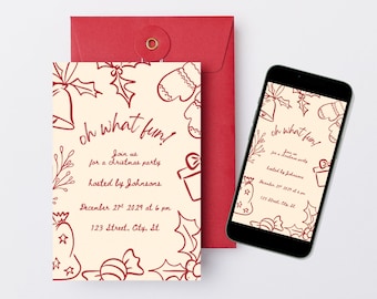 Oh What Fun Christmas Invitation Template, Hand Drawn Editable Holiday Design, Printable & Digital
