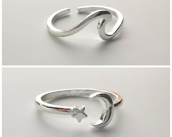 Adjustable Silver Ring - One Size Fits all Ring - Moon Star Ring - Ocean Wave Ring - Stackable Silver Ring
