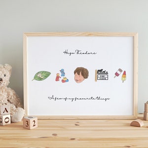 Personalised custom designed “favourite things” print with hand drawn illustrations